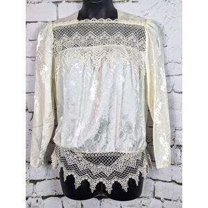 Vintage Victorian Satin Floral-Embossed Lace Blouson Top Maximalist Unique Large